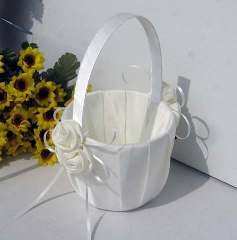 Wedding Flower Girl Petal Basket with White Rosettes Design